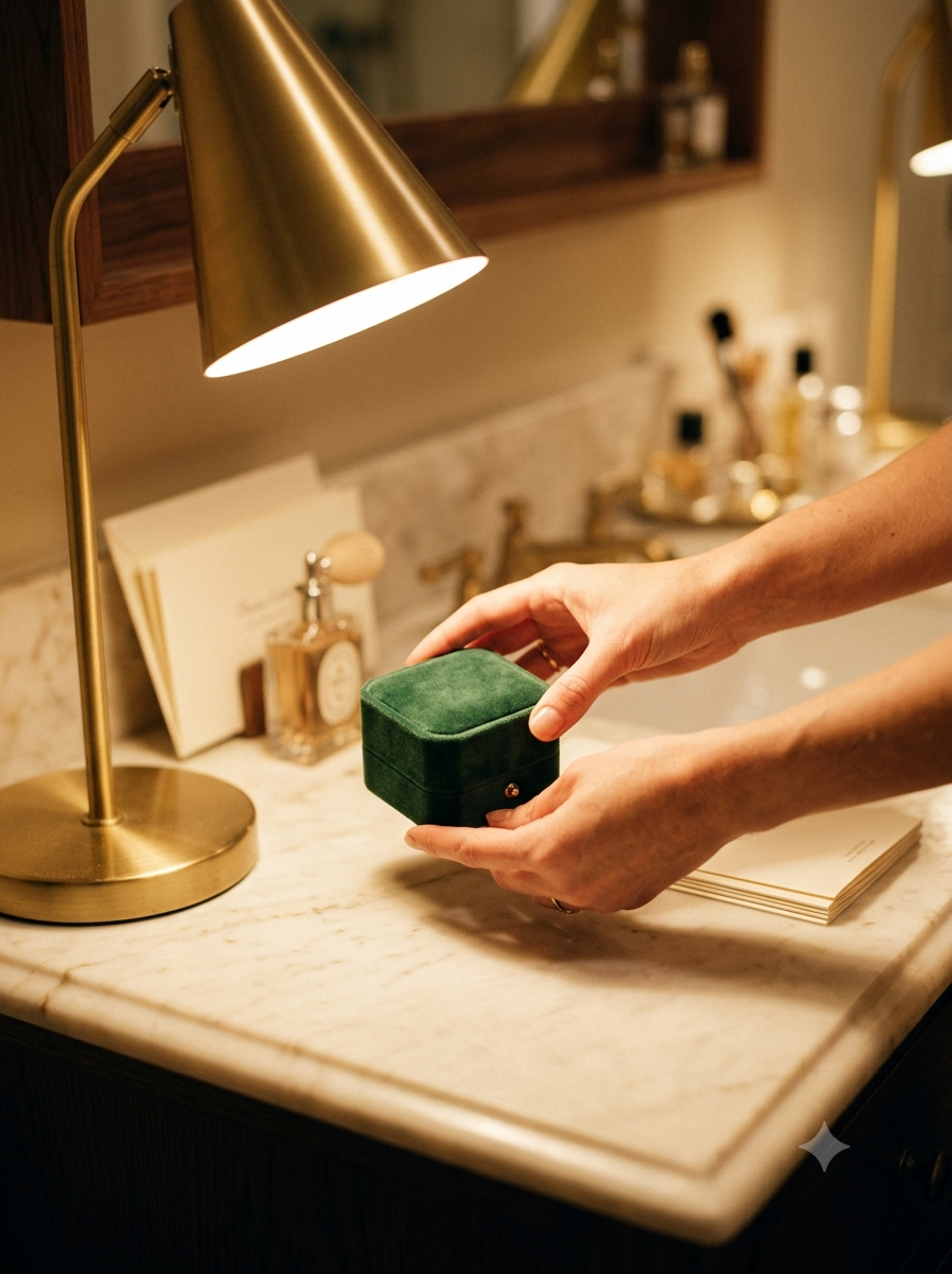 Hands placing a green velvet ring box on an ivory marble counter beside a brass desk lamp
