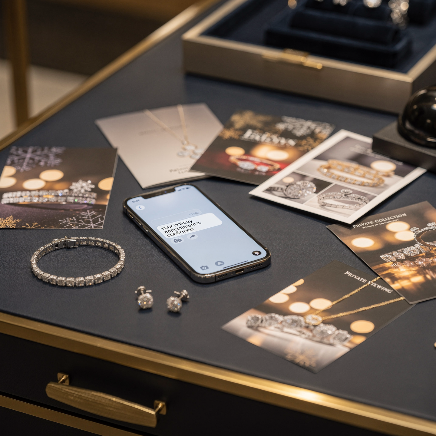 A confirmed-appointment text on a phone beside diamond jewelry and event invitation cards on a velvet tray