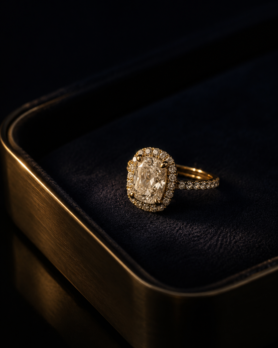 A gold-banded diamond ring presented on cream wax inside a brass-framed velvet jewelry case beside a wax-sealed envelope